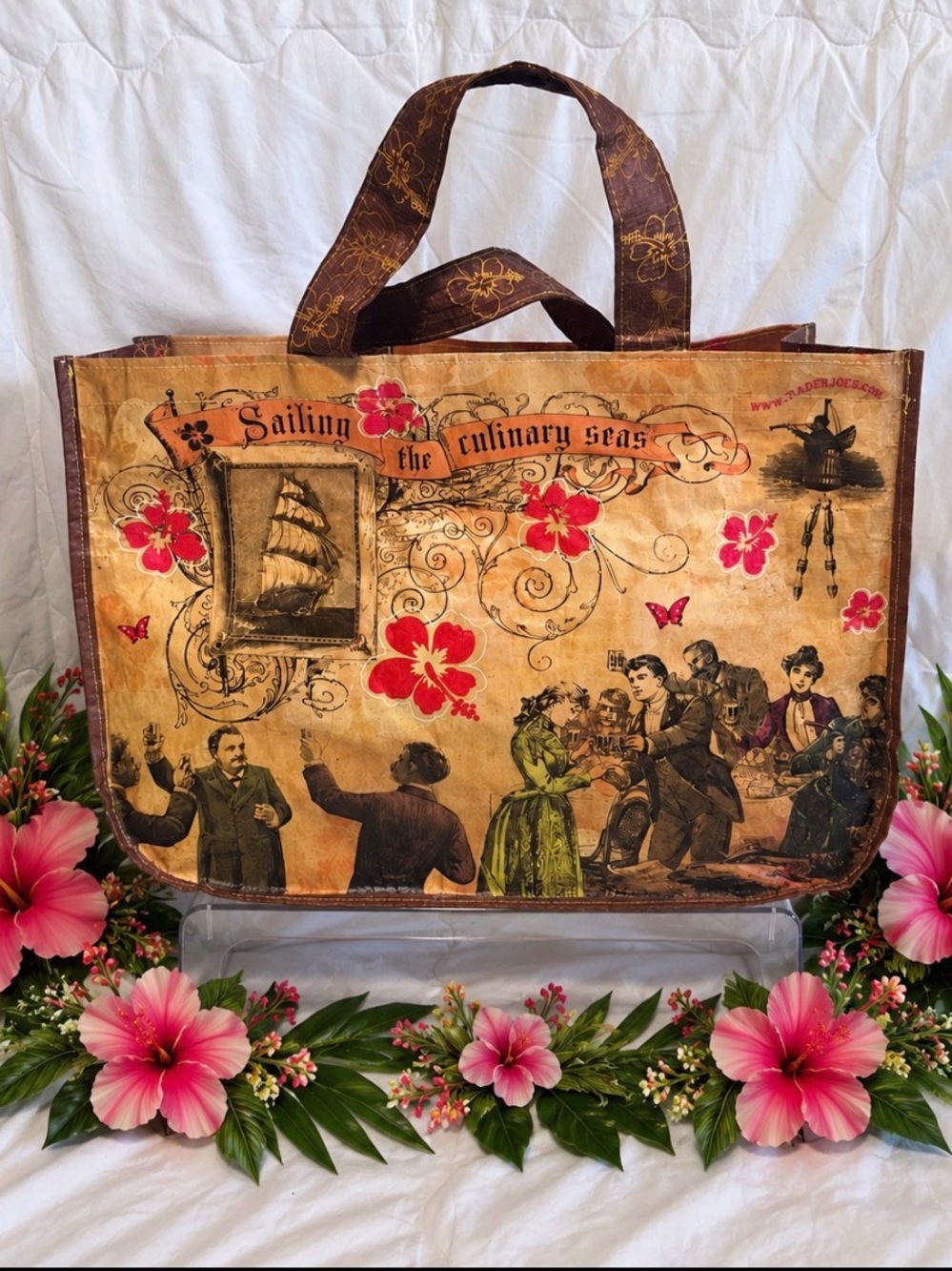 Vintage-Style Tan Tote Bag with Pink Floral Accents
